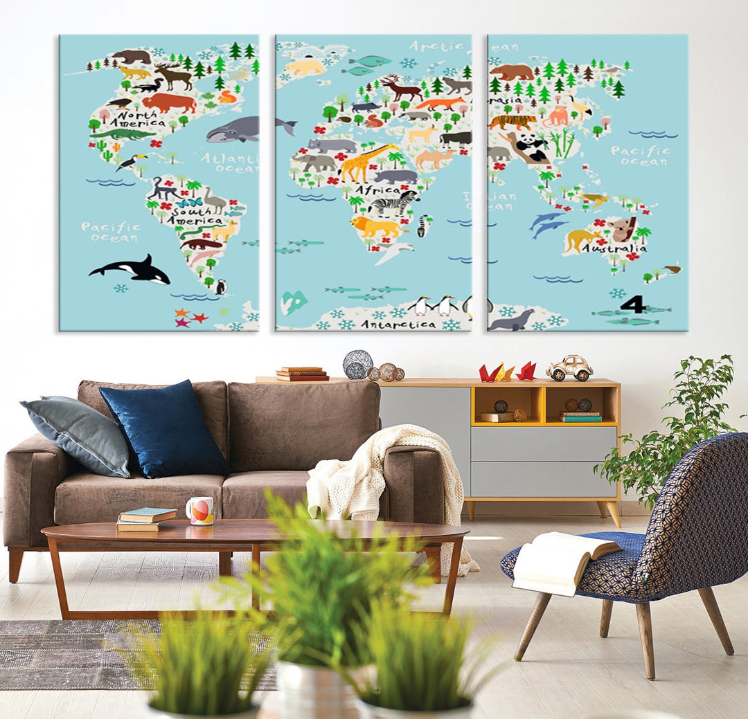 Animal Illustration World Map Canvas Print Framed Large Wall Art for School or Classroom