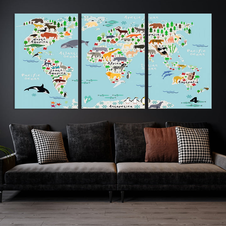 Animal Illustration World Map Canvas Print Framed Large Wall Art for School or Classroom