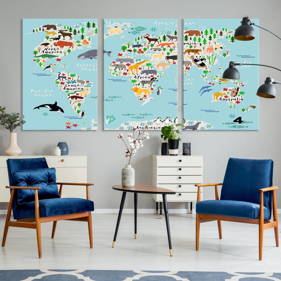 Animal Illustration World Map Canvas Print Framed Large Wall Art for School or Classroom