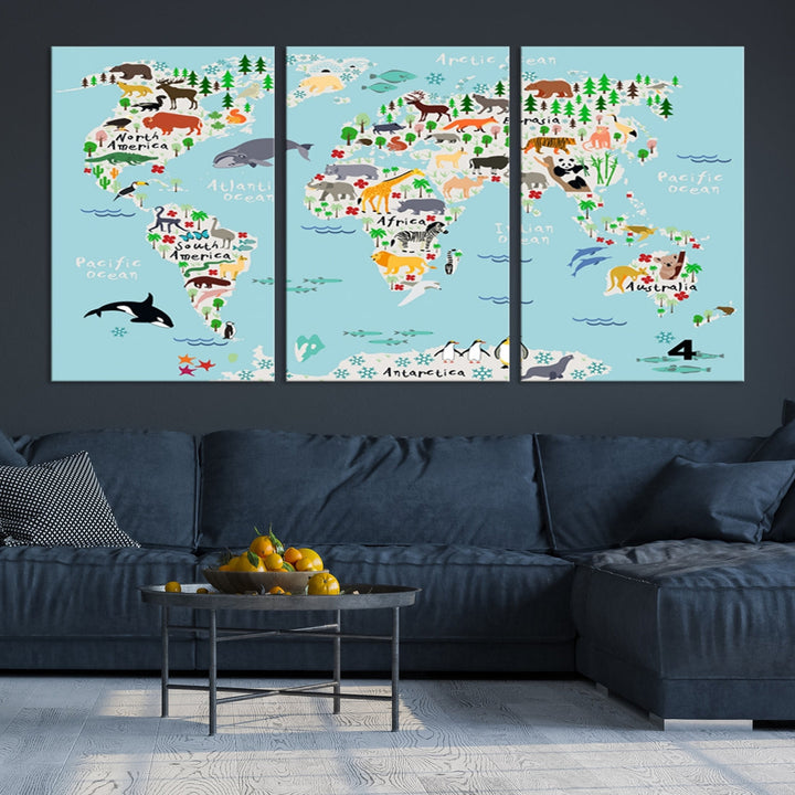 Animal Illustration World Map Canvas Print Framed Large Wall Art for School or Classroom