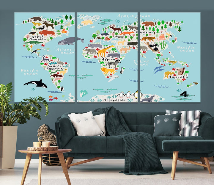 Animal Illustration World Map Canvas Print Framed Large Wall Art for School or Classroom