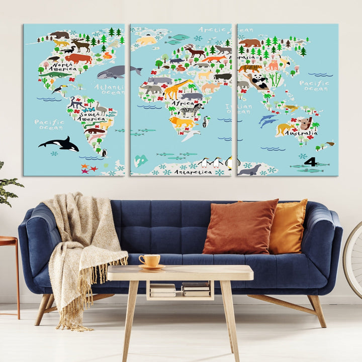 Animal Illustration World Map Canvas Print Framed Large Wall Art for School or Classroom