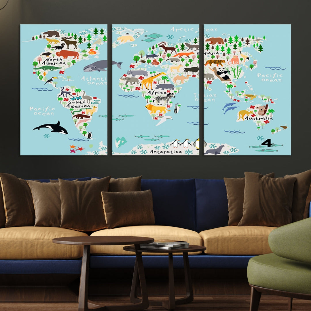 Animal Illustration World Map Canvas Print Framed Large Wall Art for School or Classroom