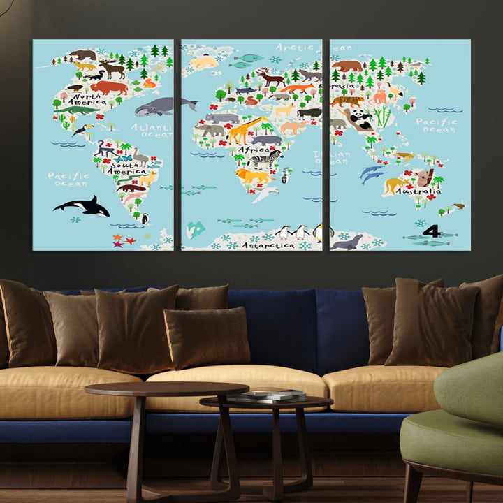 Animal Illustration World Map Canvas Print Framed Large Wall Art for School or Classroom