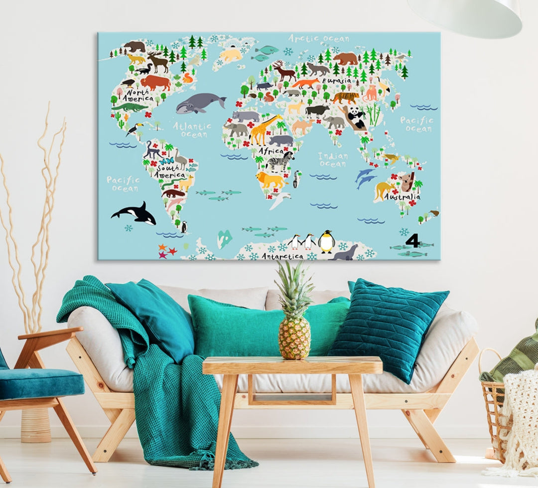 Animal Illustration World Map Canvas Print Framed Large Wall Art for School or Classroom