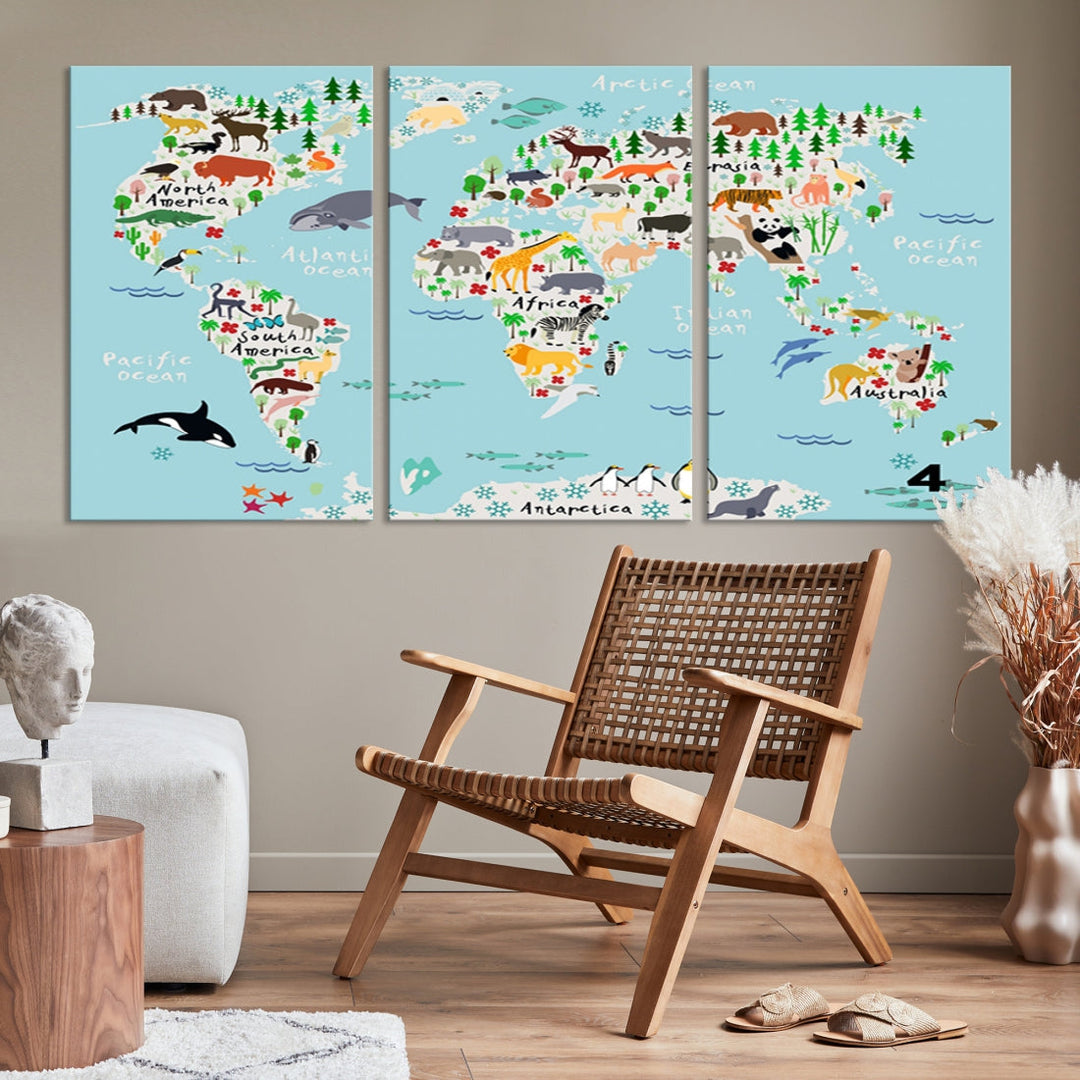 Animal Illustration World Map Canvas Print Framed Large Wall Art for School or Classroom