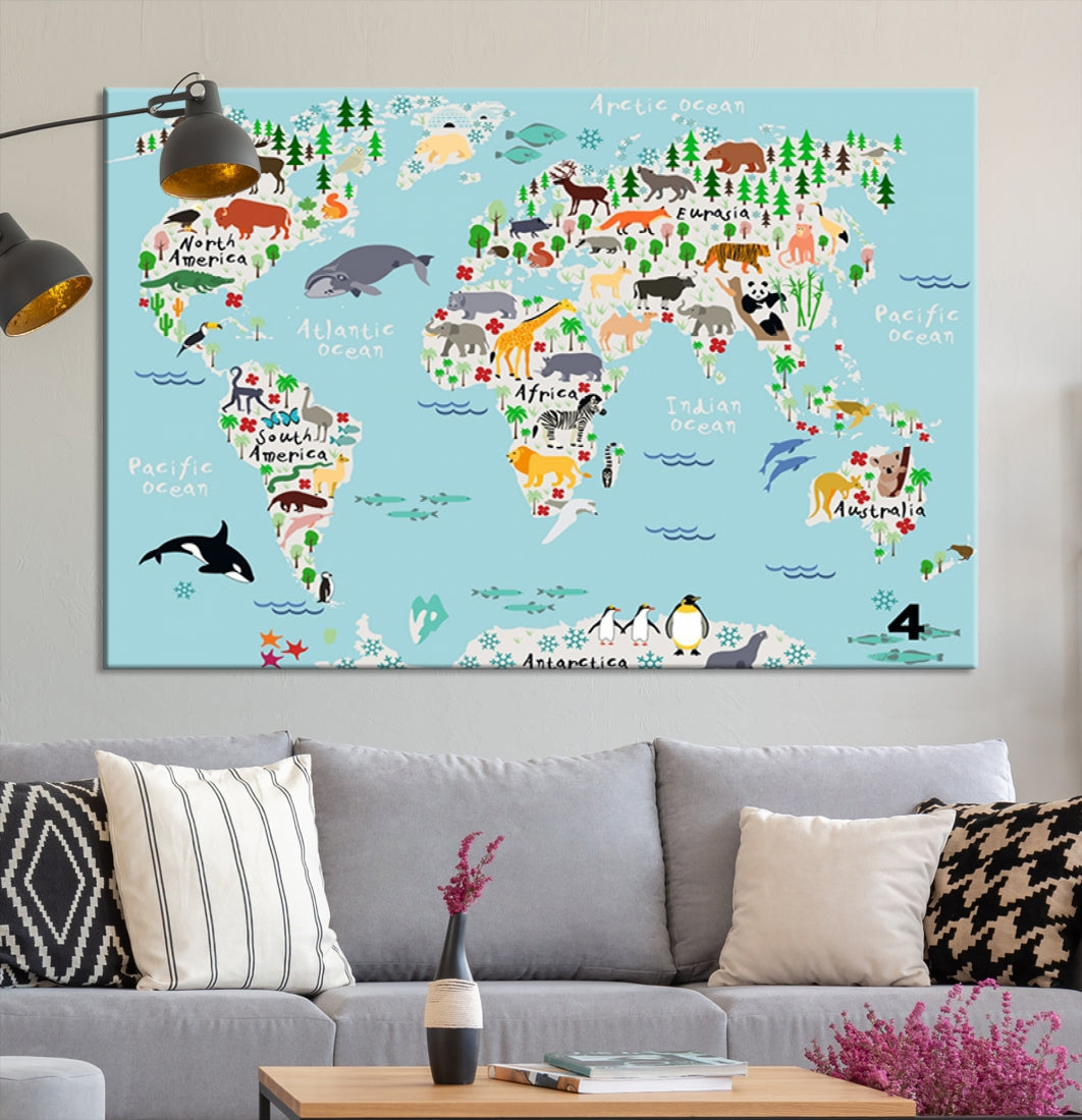 Animal Illustration World Map Canvas Print Framed Large Wall Art for School or Classroom