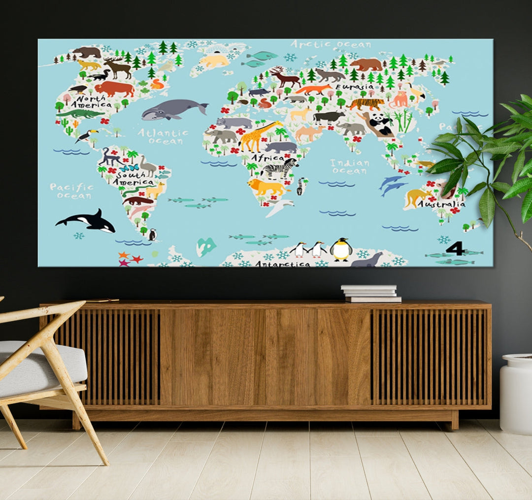 Animal Illustration World Map Canvas Print Framed Large Wall Art for School or Classroom