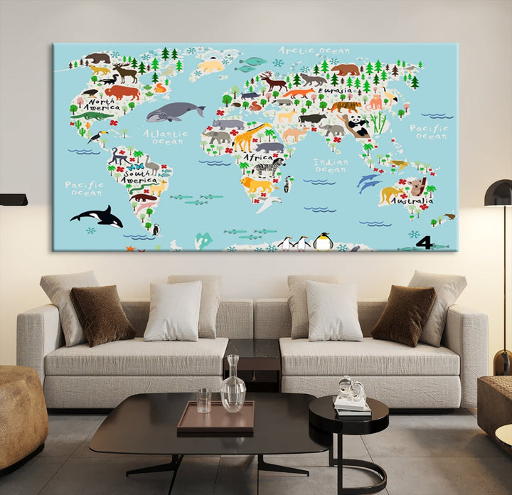 Animal Illustration World Map Canvas Print Framed Large Wall Art for School or Classroom