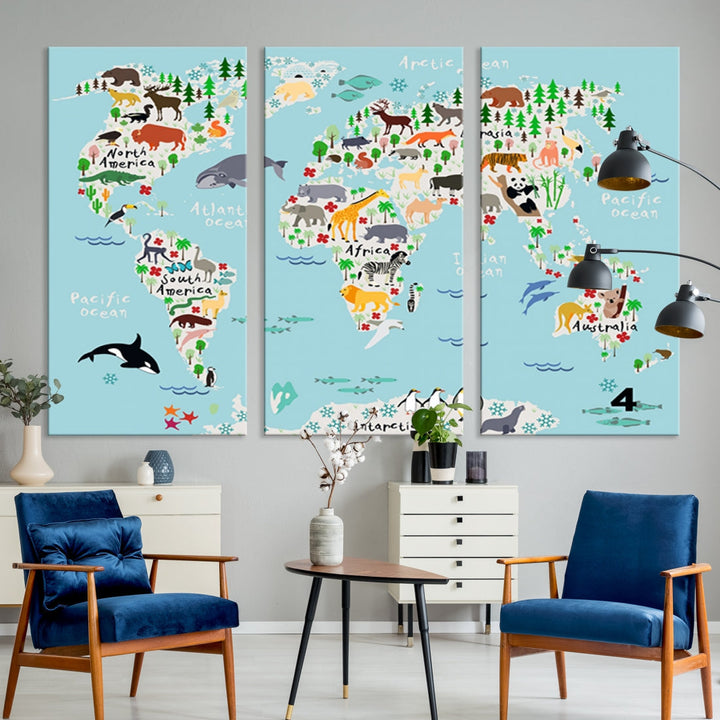 Animal Illustration World Map Canvas Print Framed Large Wall Art for School or Classroom