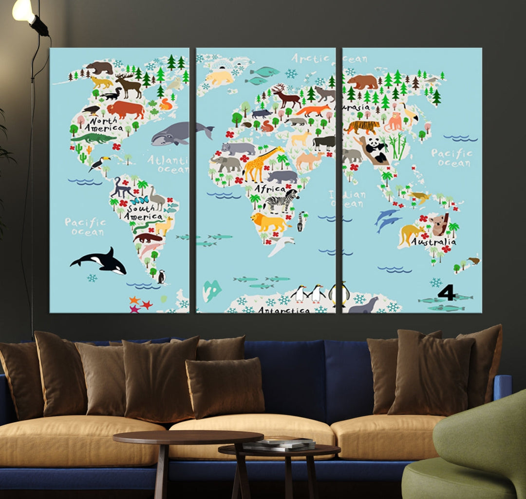 Animal Illustration World Map Canvas Print Framed Large Wall Art for School or Classroom