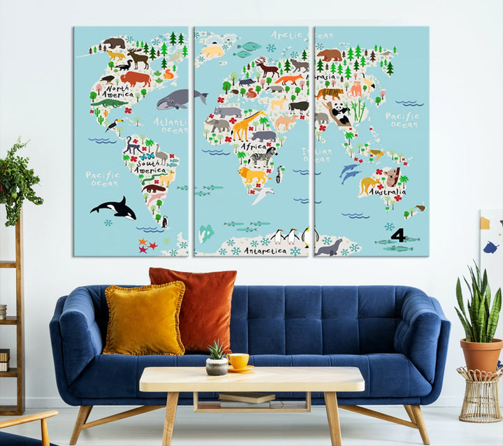 Animal Illustration World Map Canvas Print Framed Large Wall Art for School or Classroom