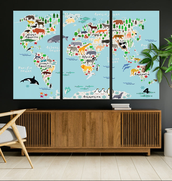 Animal Illustration World Map Canvas Print Framed Large Wall Art for School or Classroom