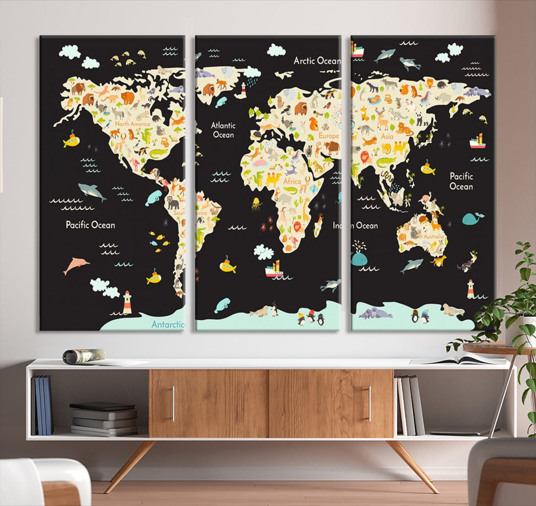 Animal World Map Canvas Prints For Kids Room Decoration Educational Wall Art