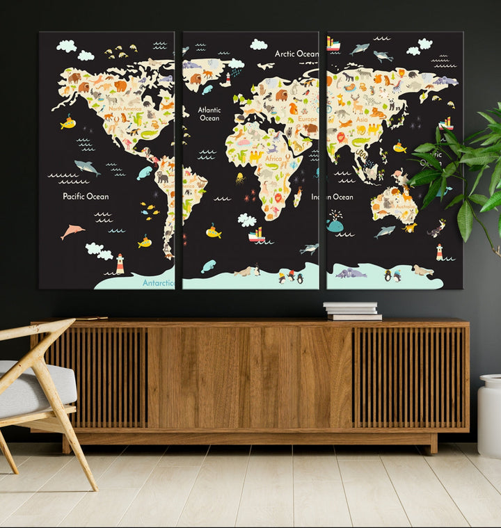 Animal World Map Canvas Prints For Kids Room Decoration Educational Wall Art