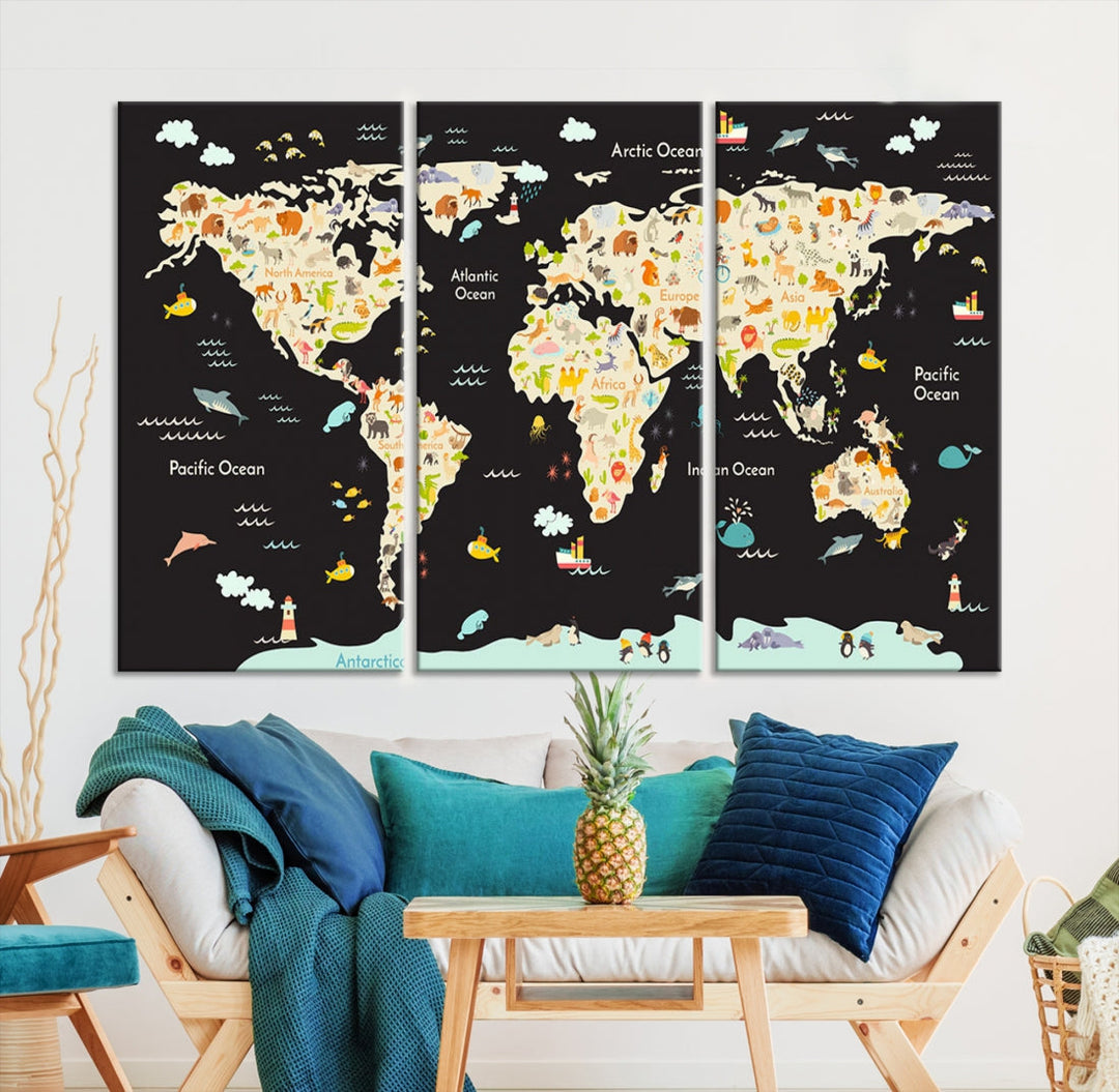 Animal World Map Canvas Prints For Kids Room Decoration Educational Wall Art