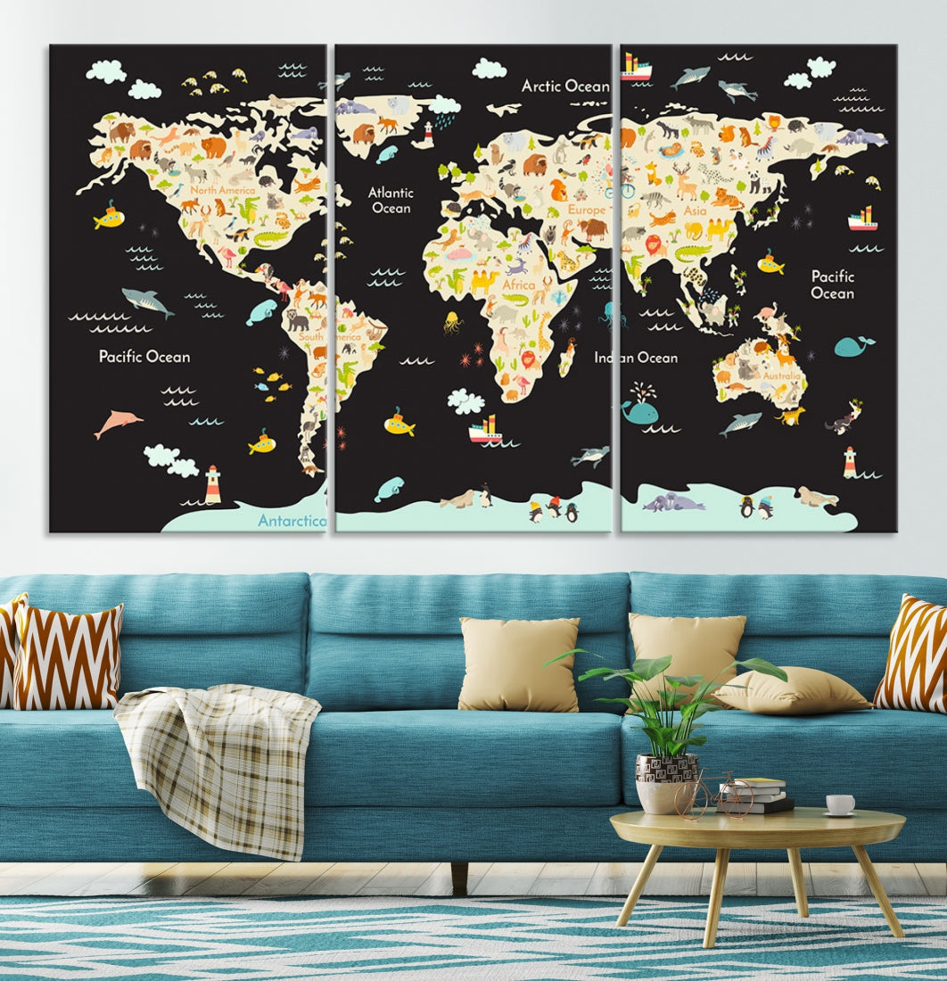 Animal World Map Canvas Prints For Kids Room Decoration Educational Wall Art