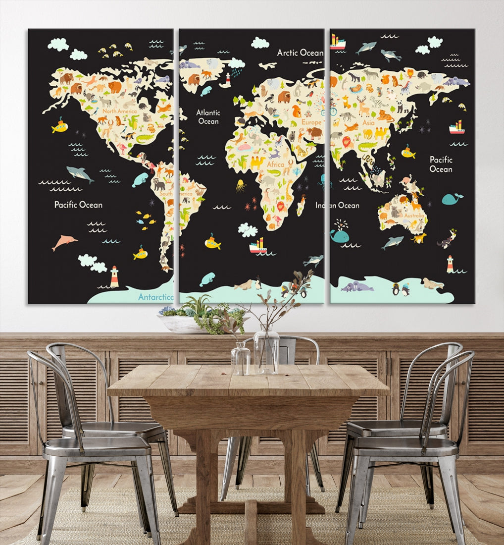 Animal World Map Canvas Prints For Kids Room Decoration Educational Wall Art