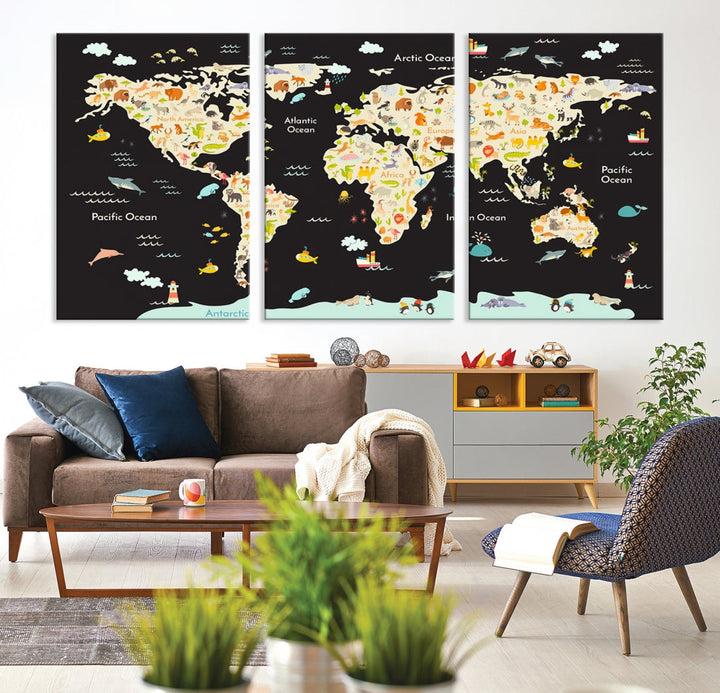 Animal World Map Canvas Prints For Kids Room Decoration Educational Wall Art