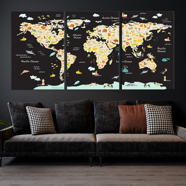 Animal World Map Canvas Prints For Kids Room Decoration Educational Wall Art