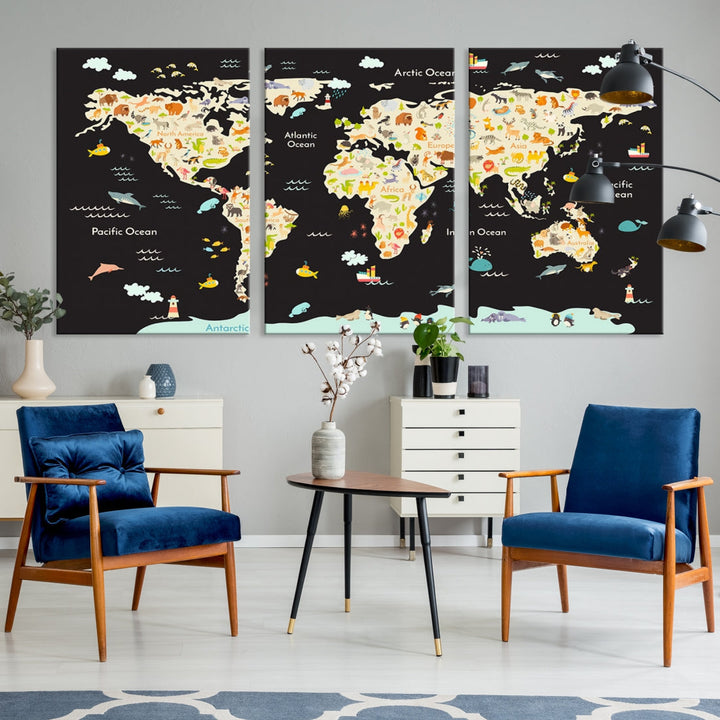 Animal World Map Canvas Prints For Kids Room Decoration Educational Wall Art