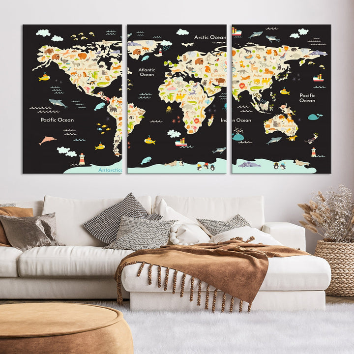 Animal World Map Canvas Prints For Kids Room Decoration Educational Wall Art