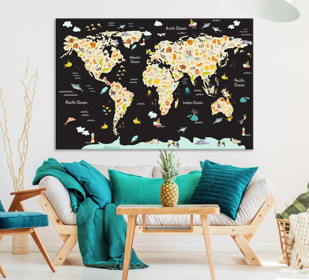 Animal World Map Canvas Prints For Kids Room Decoration Educational Wall Art