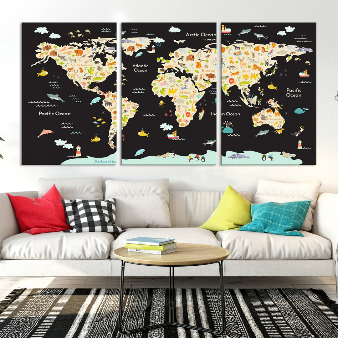 Animal World Map Canvas Prints For Kids Room Decoration Educational Wall Art