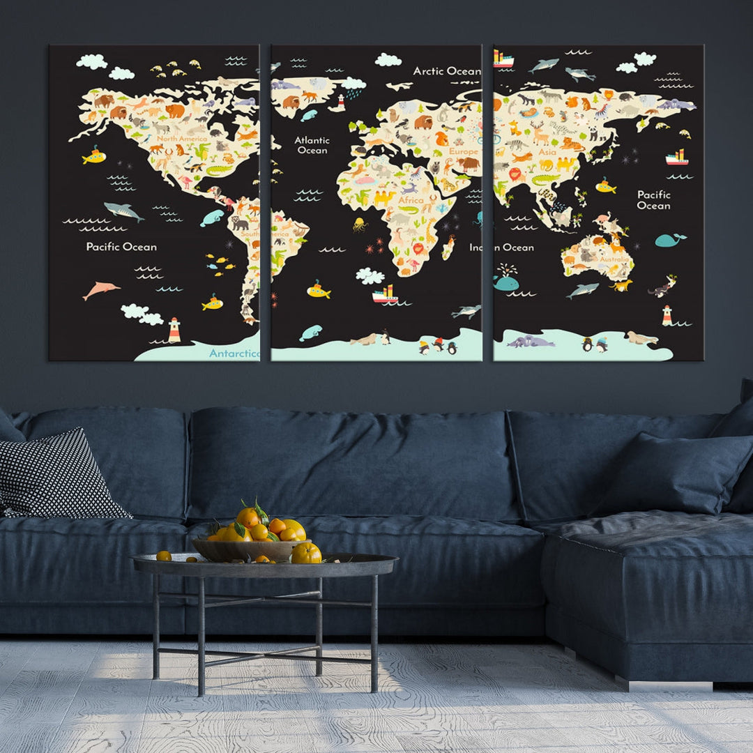 Animal World Map Canvas Prints For Kids Room Decoration Educational Wall Art