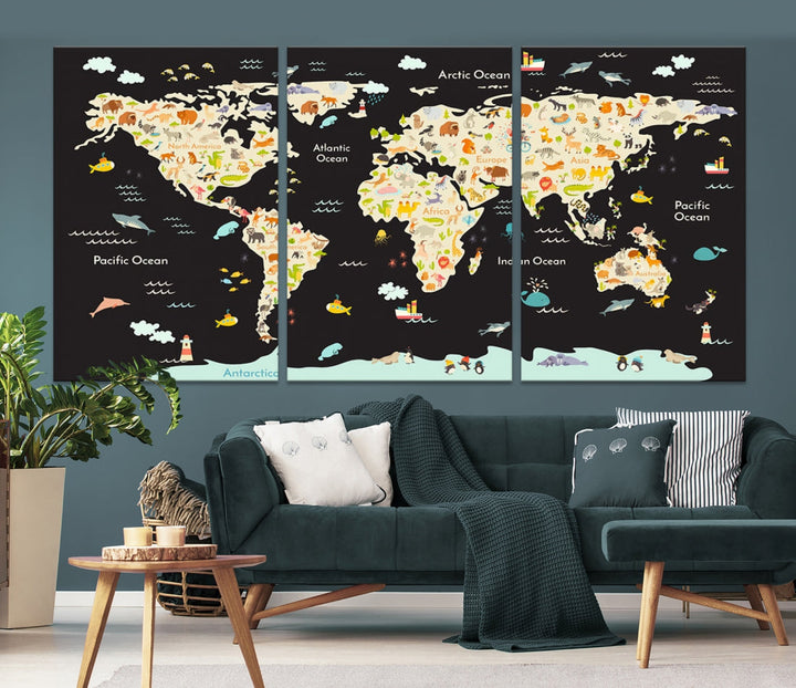 Animal World Map Canvas Prints For Kids Room Decoration Educational Wall Art