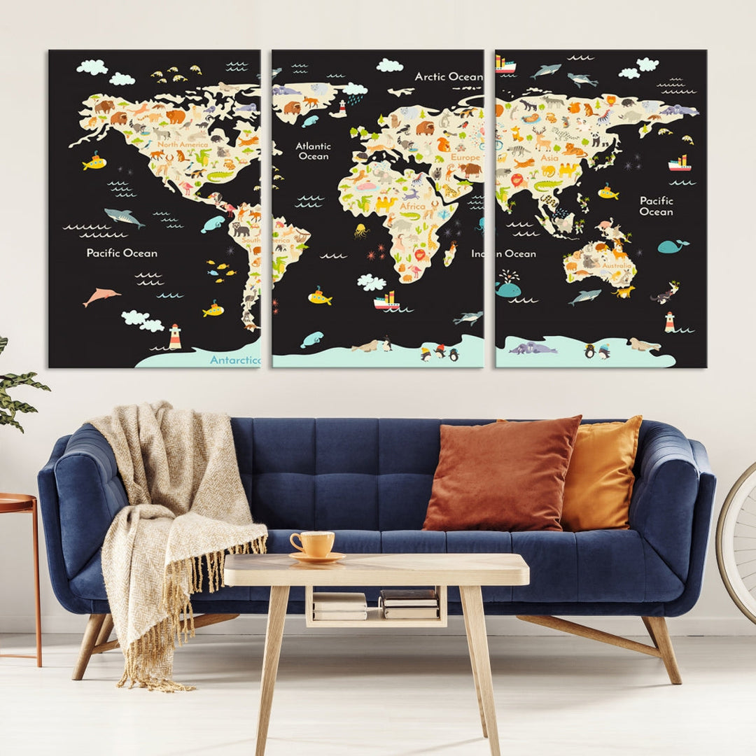 Animal World Map Canvas Prints For Kids Room Decoration Educational Wall Art