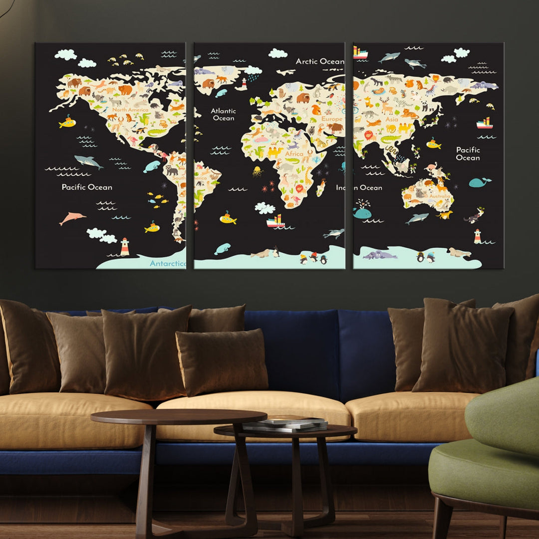 Animal World Map Canvas Prints For Kids Room Decoration Educational Wall Art