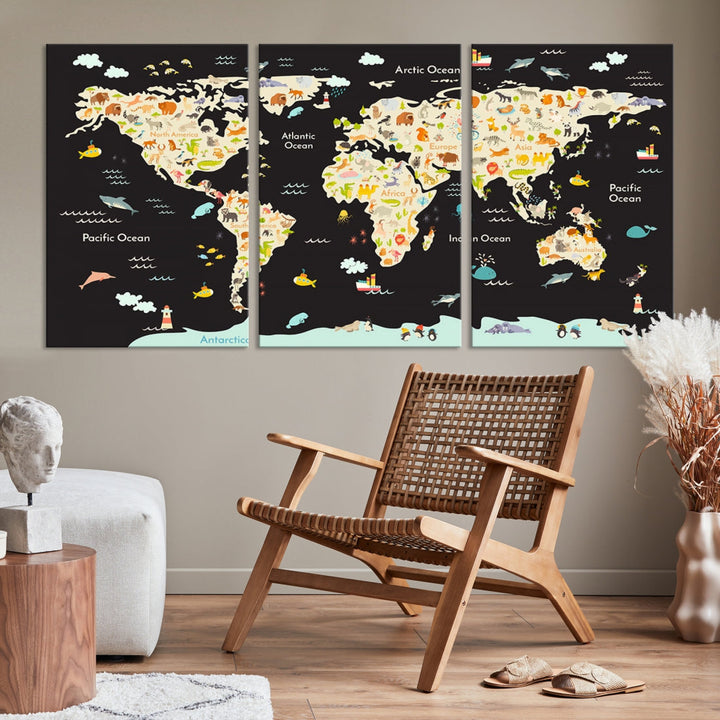 Animal World Map Canvas Prints For Kids Room Decoration Educational Wall Art