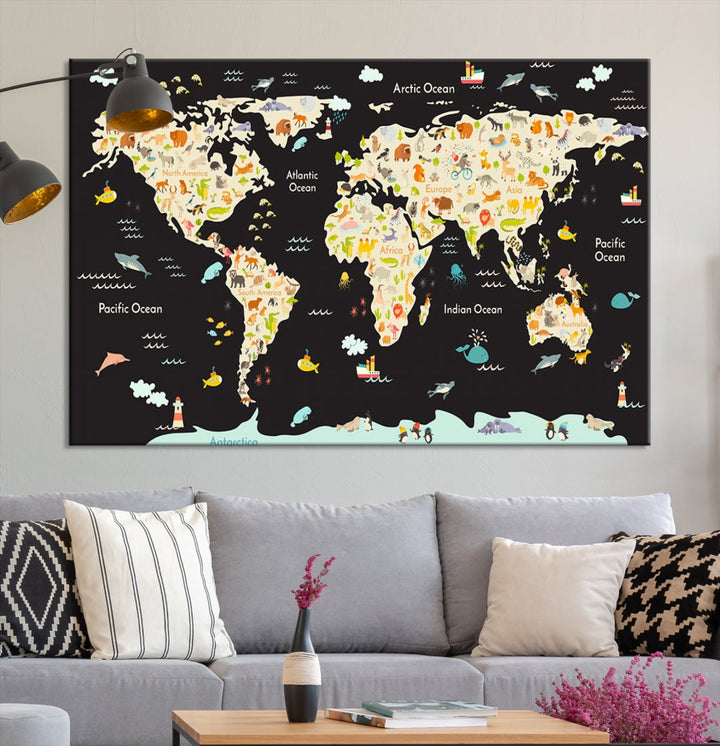 Animal World Map Canvas Prints For Kids Room Decoration Educational Wall Art