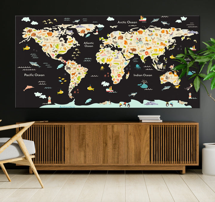 Animal World Map Canvas Prints For Kids Room Decoration Educational Wall Art