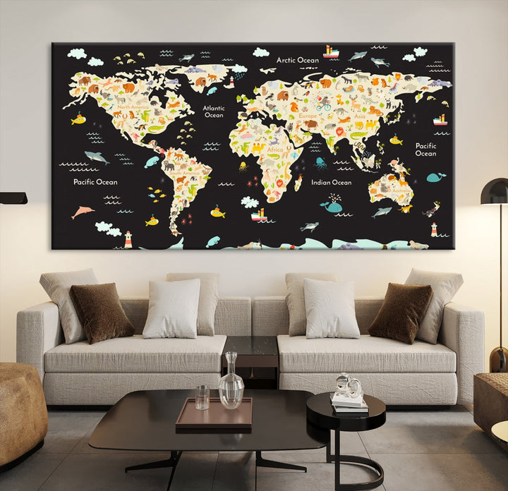 Animal World Map Canvas Prints For Kids Room Decoration Educational Wall Art