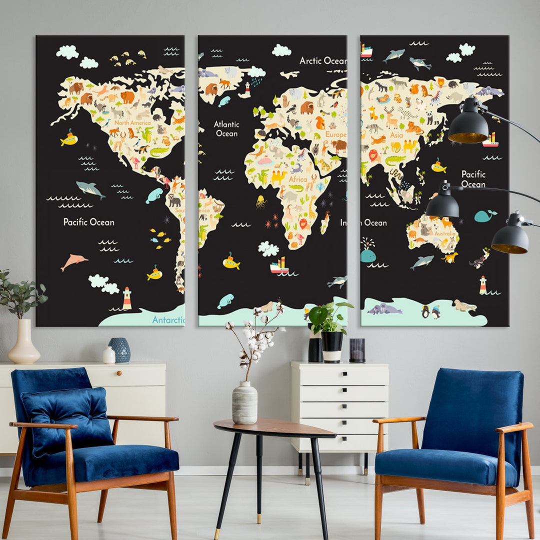 Animal World Map Canvas Prints For Kids Room Decoration Educational Wall Art