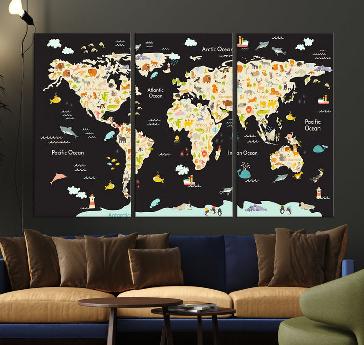 Animal World Map Canvas Prints For Kids Room Decoration Educational Wall Art