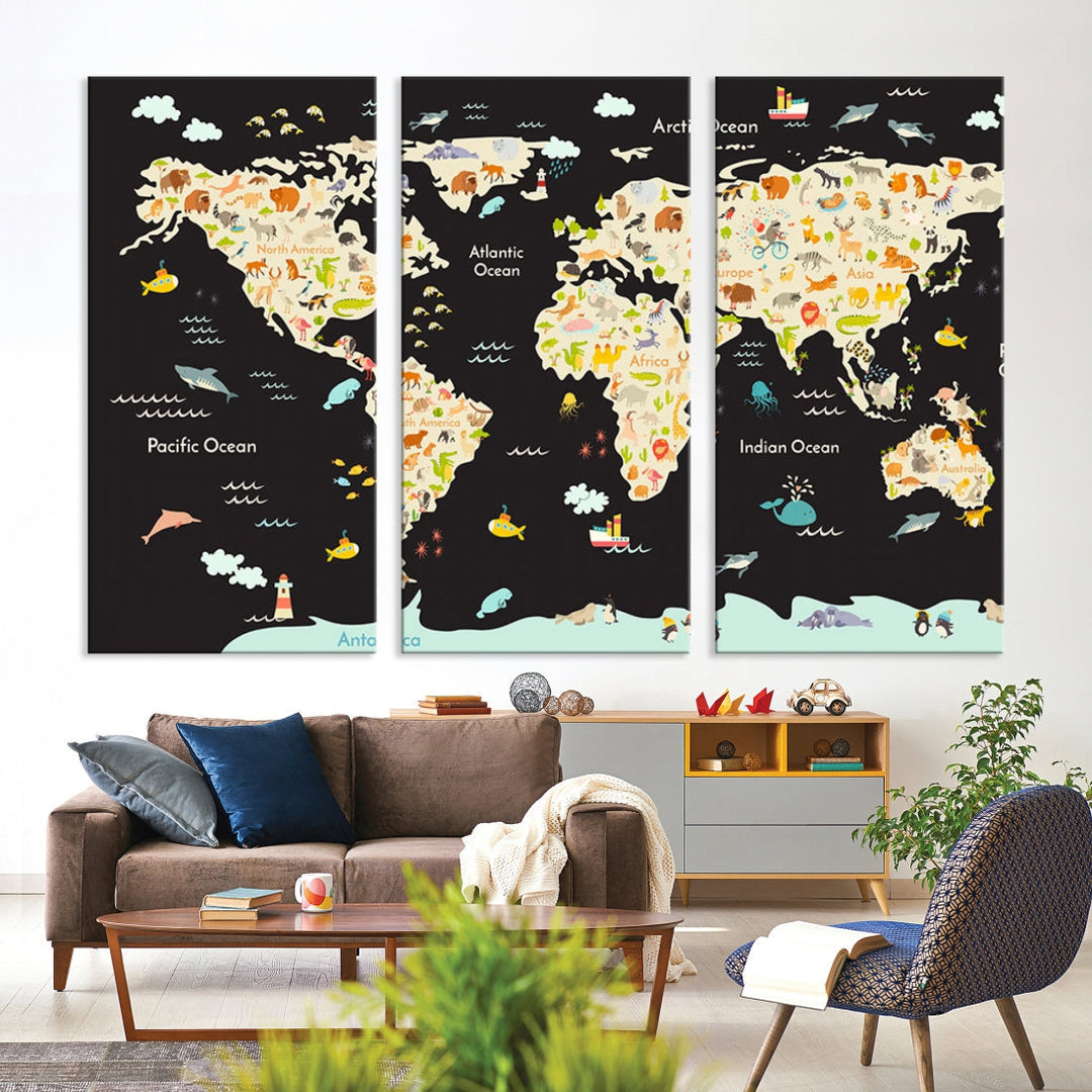 Animal World Map Canvas Prints For Kids Room Decoration Educational Wall Art