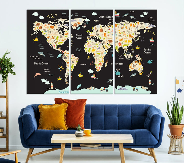 Animal World Map Canvas Prints For Kids Room Decoration Educational Wall Art