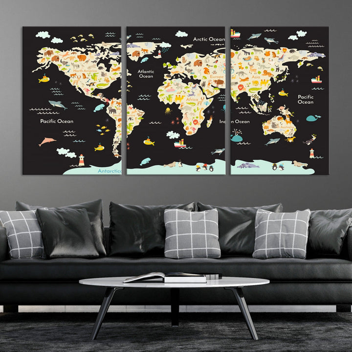 Animal World Map Canvas Prints For Kids Room Decoration Educational Wall Art