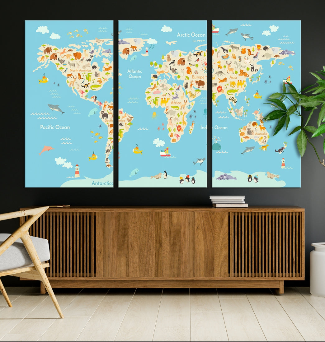 Animal World Map Canvas Wall Art Educational Print for Kids Room Wall Decor