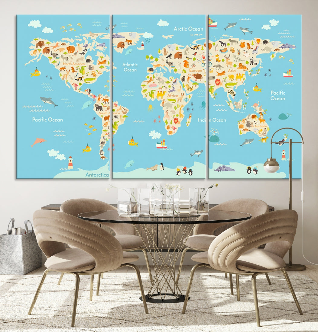 Animal World Map Canvas Wall Art Educational Print for Kids Room Wall Decor