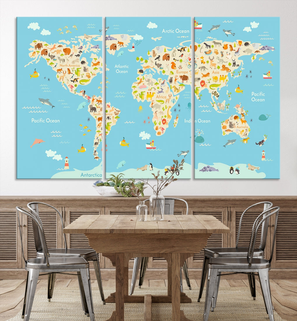 Animal World Map Canvas Wall Art Educational Print for Kids Room Wall Decor