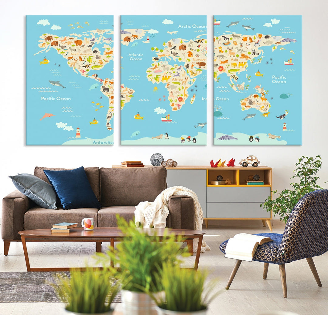 Animal World Map Canvas Wall Art Educational Print for Kids Room Wall Decor