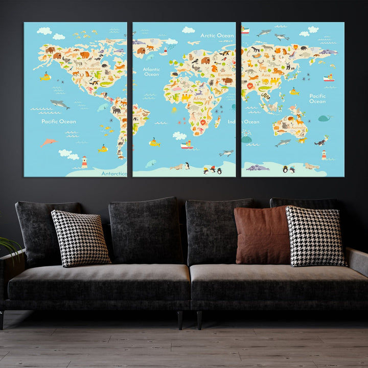 Animal World Map Canvas Wall Art Educational Print for Kids Room Wall Decor