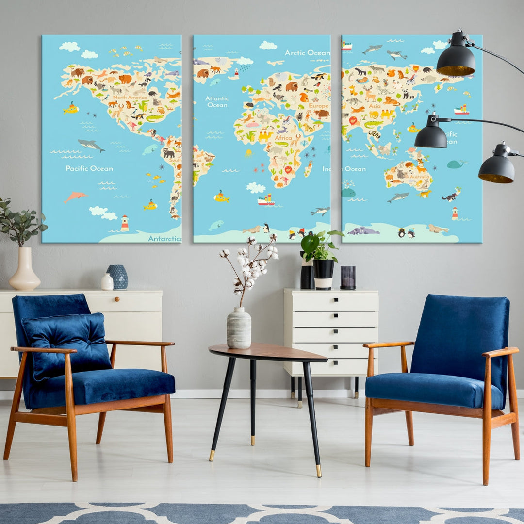 Animal World Map Canvas Wall Art Educational Print for Kids Room Wall Decor