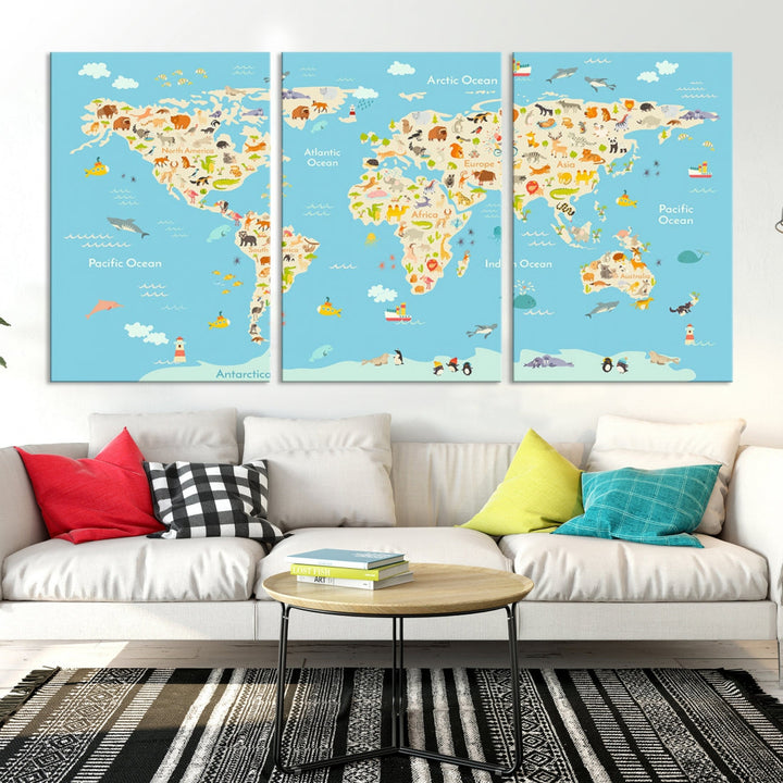 Animal World Map Canvas Wall Art Educational Print for Kids Room Wall Decor