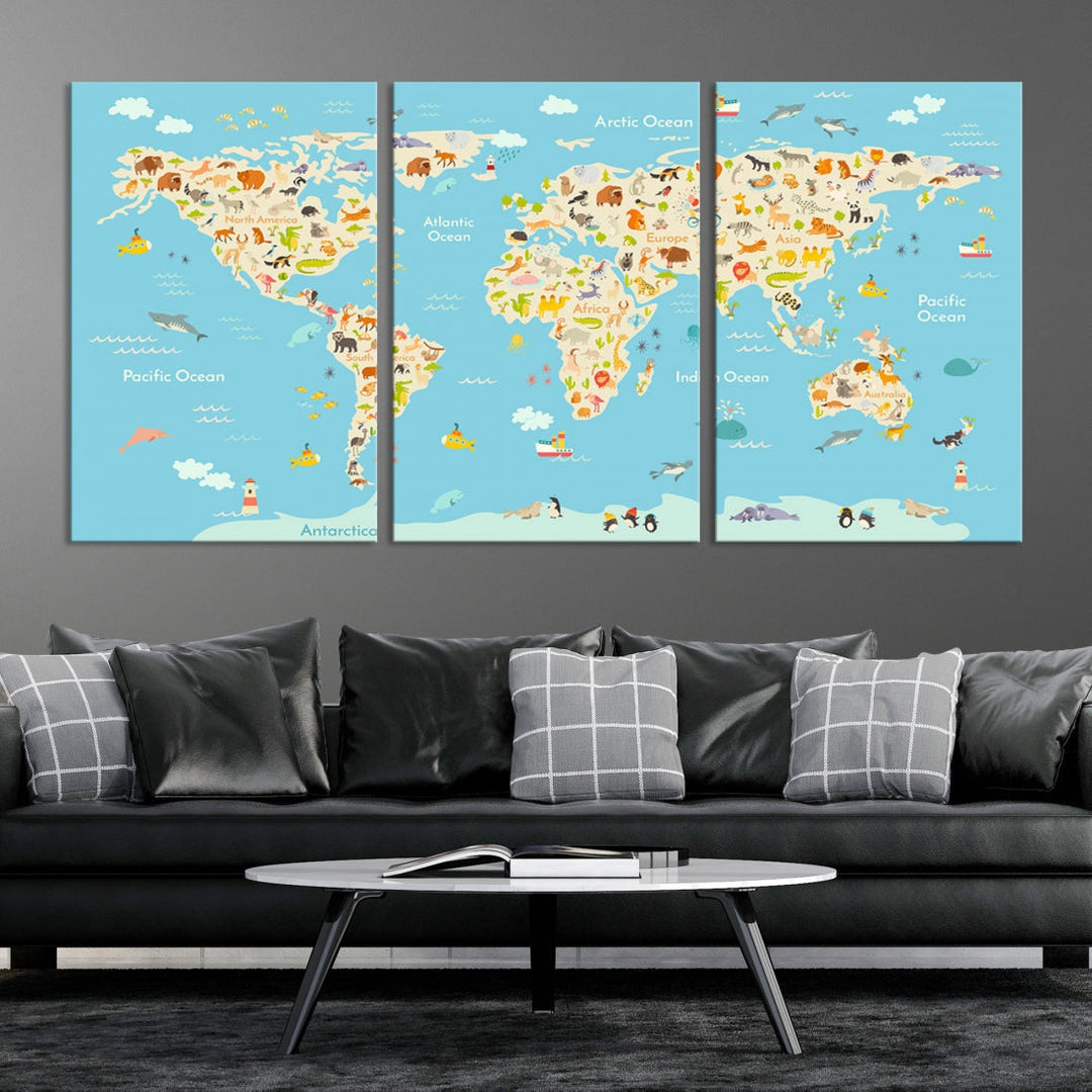 Animal World Map Canvas Wall Art Educational Print for Kids Room Wall Decor