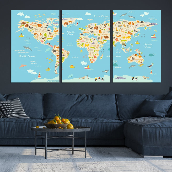 Animal World Map Canvas Wall Art Educational Print for Kids Room Wall Decor